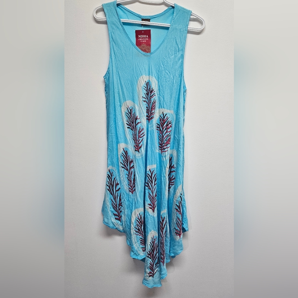 Nisha 100% Rayon Turquoise Sleeveless Dress with Red White Floral Pattern